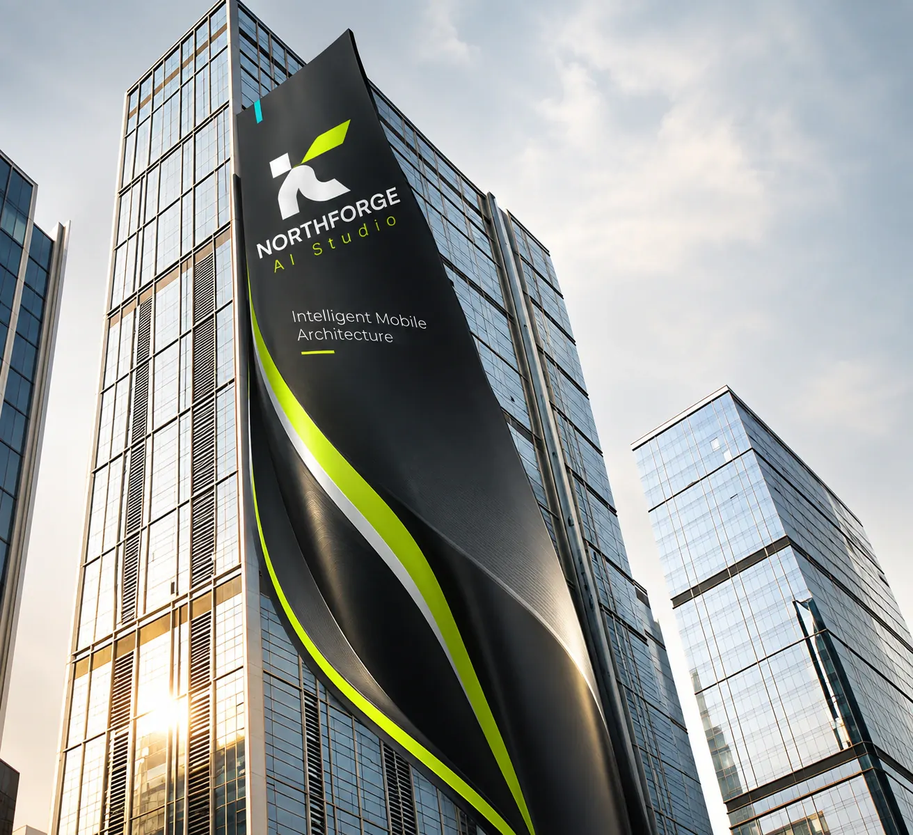 Large Northforge AI Studio banner reading “Intelligent Mobile Architecture” on a high-rise facade