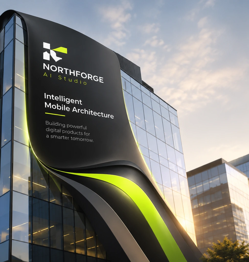Northforge brand banner mounted on a glass office tower at golden hour