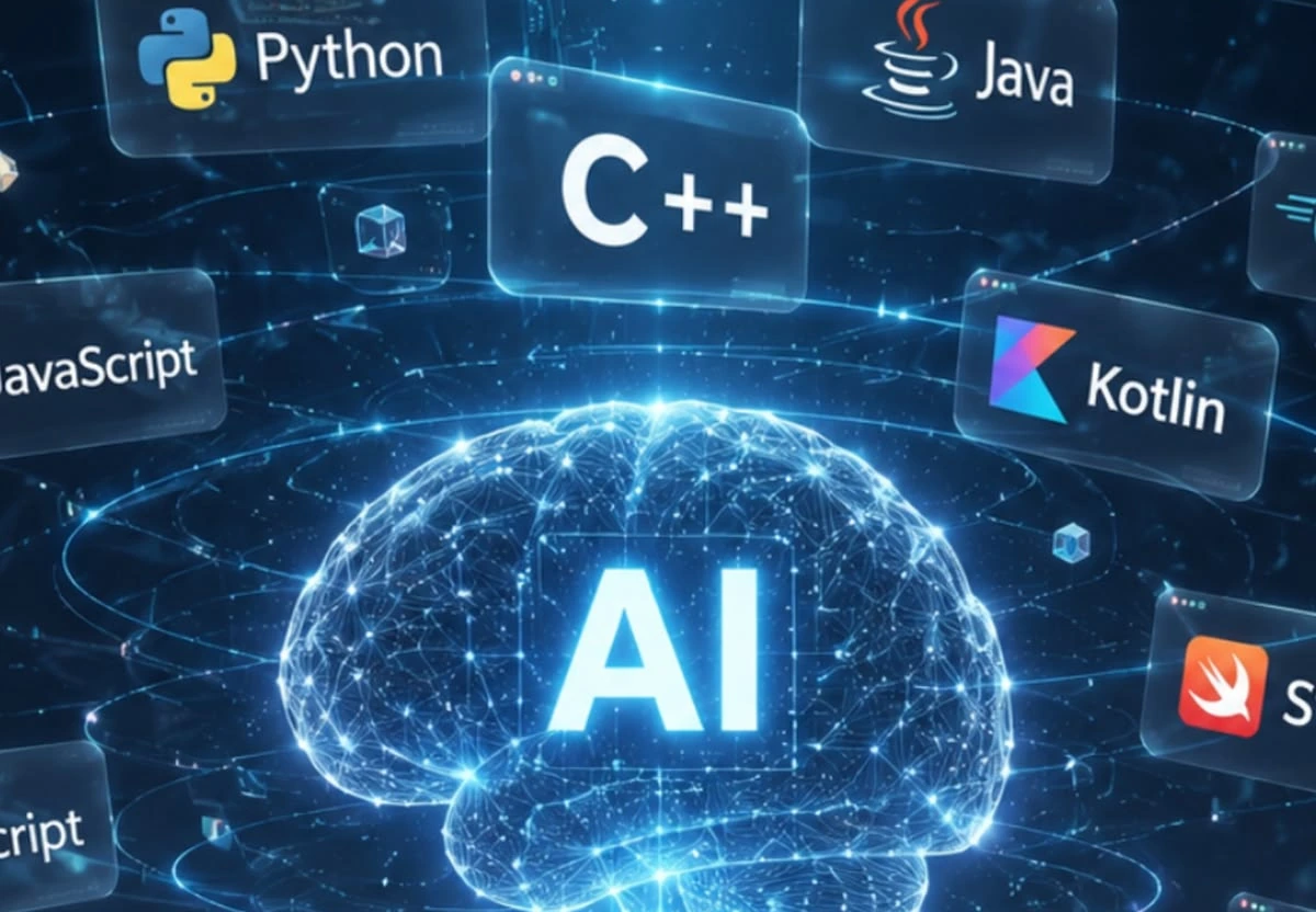 A glowing AI brain surrounded by programming-language logos