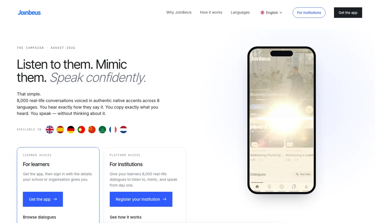 The JoinBeUs website showing its cross-platform language-learning app on a phone