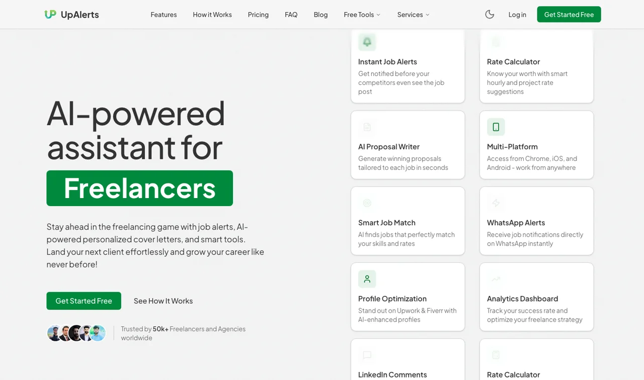 The UpAlerts product page, showing instant job alerts, an AI proposal writer, smart job matching and a rate calculator