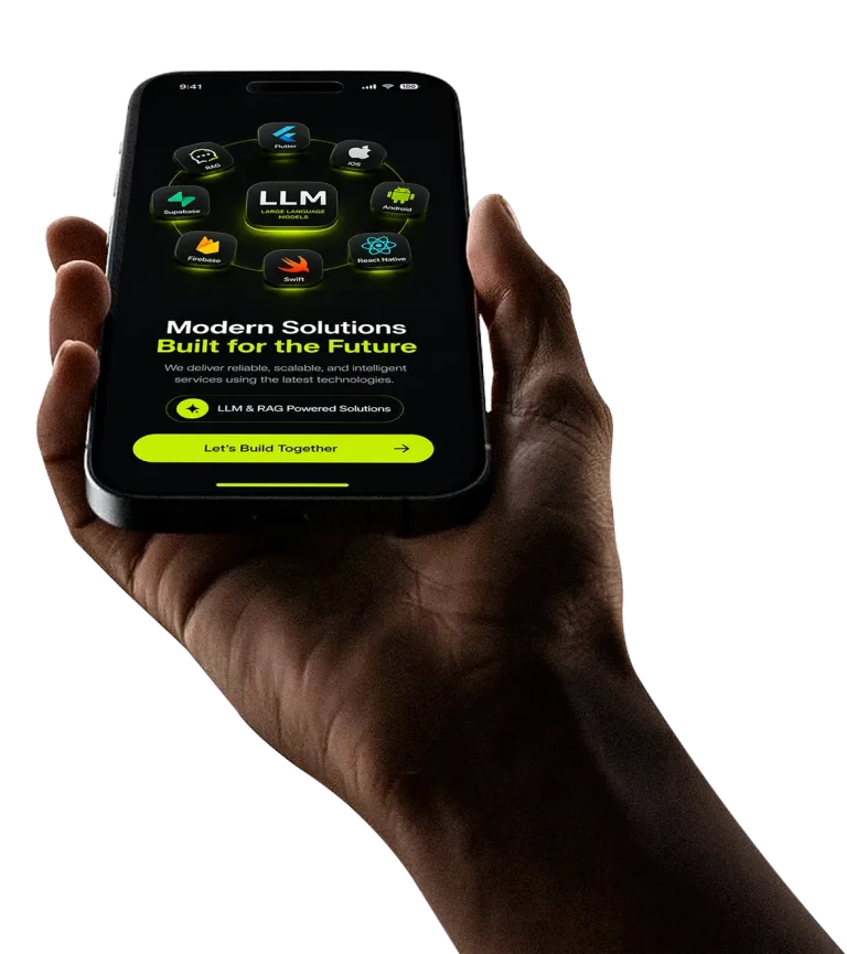 A hand holding a phone whose screen shows Flutter, Firebase, Supabase, iOS and Android icons around a central LLM tile