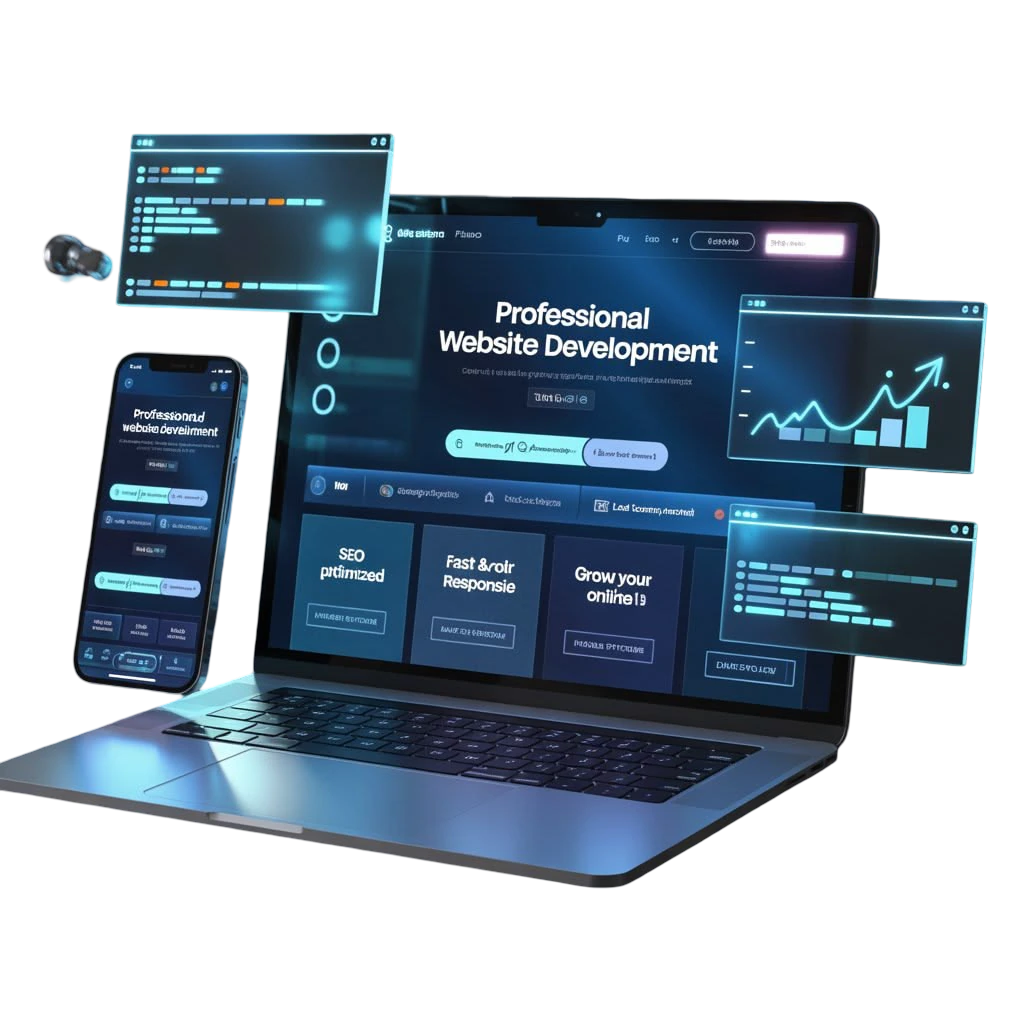 A SaaS website builder shown across a laptop, phone and floating panels