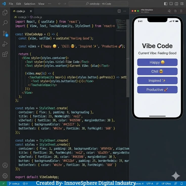 A React Native editor beside a live phone simulator running the app